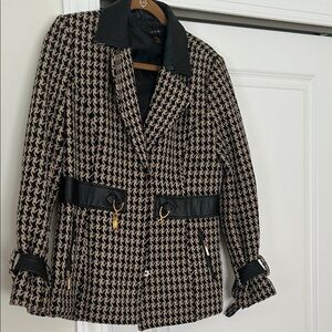IMAN Black and Beige Houndstooth Blazer with Leather Trim